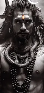 Mystical warrior adorned with tribal accessories and snake, exuding power and mystery.