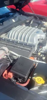 Closeup of a powerful car engine under the hood.