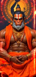 Artwork of deity with fiery aura, muscular build and orange attire.