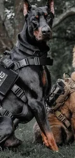 Doberman and German Shepherd in tactical gear in a forest setting.