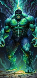 Green monster with glowing energy and muscles on a dark background.