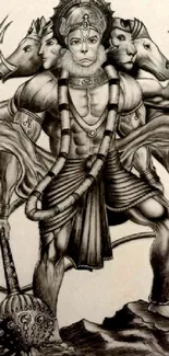 Powerful multi-armed Hanuman pencil sketch wallpaper.