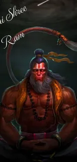 Hanuman meditative pose mobile wallpaper with dark gray tones.