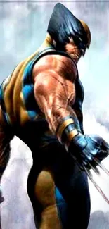 Dynamic superhero with claws, blue and gold suit.