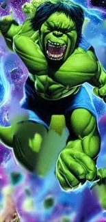 Green superhero against cosmic background in dynamic wallpaper.