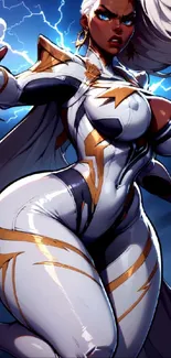 Superheroine in dynamic pose with electricity.