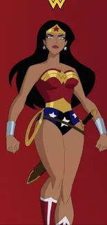 Animated female superhero on red background.