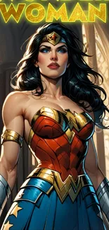 Illustration of a powerful superheroine in armor.
