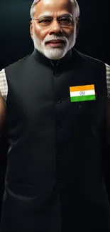 Portrait of a powerful Indian leader with national flag on a dark background.