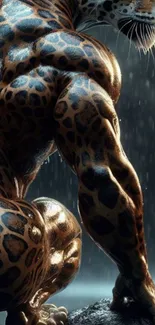 Hybrid of a muscular human and leopard in the rain