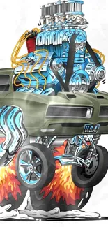 Illustrated muscle car with big engine and flaming wheels on a mobile wallpaper.