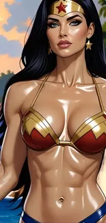 Powerful female warrior cartoon art by the sea.