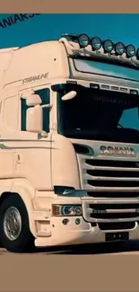 White truck in clear blue sky background.