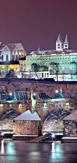 Prague cityscape under a purple night sky reflecting in the river.