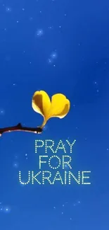 Minimalist 'Pray for Ukraine' wallpaper with blue background and yellow leaf.