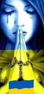 Woman in blue cloak praying with Ukrainian flag overlay.