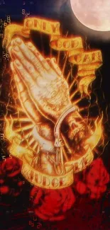 Praying hands with flames and moon background on wallpaper.