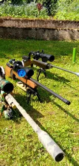 Rifles with scopes displayed on green grass under the sun.