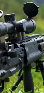 Close-up of a precision rifle in natural surroundings with a scope.