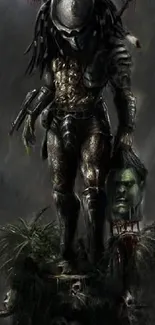 Predator holding trophy head in dark setting mobile wallpaper.