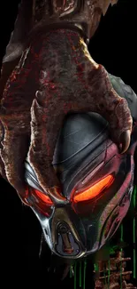 Predator mask with glowing red eyes on a dark background.