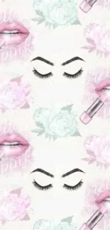 Pretty pink makeup wallpaper with lips and floral patterns.