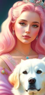 Fantasy art of princess with pink hair and her dog.