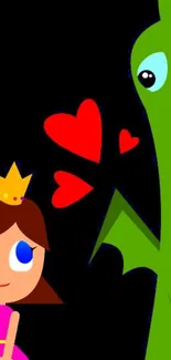 Cute princess and dragon with hearts cartoon wallpaper.