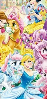 Princesses with magical pets and castle background wallpaper.