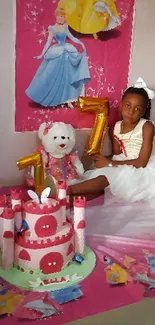 Girl at a princess-themed birthday party with cake and decorations.