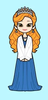 Cartoon princess wearing a blue gown with orange hair.