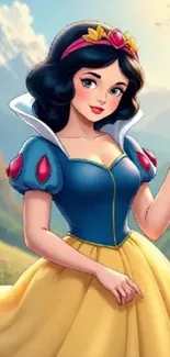 Fantasy princess in blue and yellow dress with nature background.