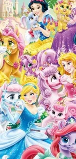 Colorful princesses with animals mobile wallpaper.