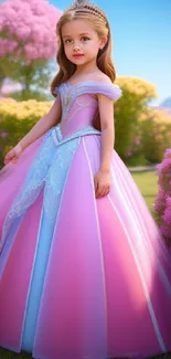 Young princess in pink gown in a blooming garden, perfect as a fairy tale wallpaper.