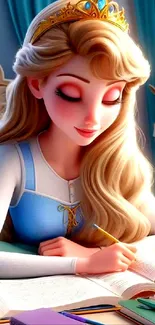 Animated princess studying with books in a colorful room.