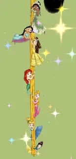 Enchanting princesses climbing tower wallpaper.