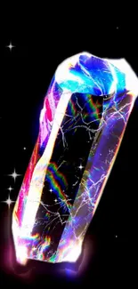 Prismatic crystal with colorful hues on a black background.