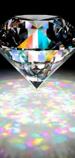 Floating prism diamond with colorful light reflections on black background.