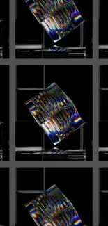 Abstract prismatic geometric art with rainbow reflections on a black background.