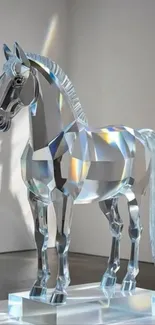 A prismatic glass horse sculpture in a gallery setting.
