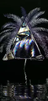 Holographic pyramid with palm tree reflection on water.