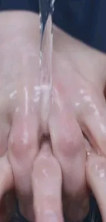 Hands under a stream of water in a hygiene-themed wallpaper.