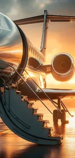 Private jet reflecting sunset on the runway.