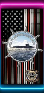 Patriotic submarine mobile wallpaper with neon border.