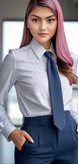 Woman in professional attire with navy blue accents.