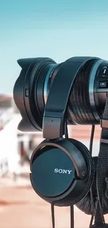 Professional camera setup capturing rooftop scene with sky background.