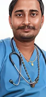 Digital artwork of a smiling doctor in blue uniform with a stethoscope.