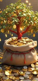 A prosperity tree with gold coins in a bag on a dark background.