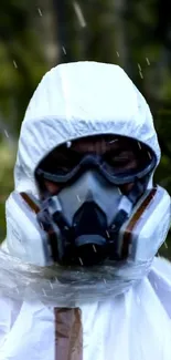 Person in a white suit and mask in a rainy forest setting.