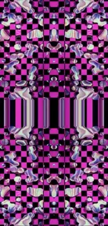 Psychedelic abstract checkered pattern in vibrant purple hues.